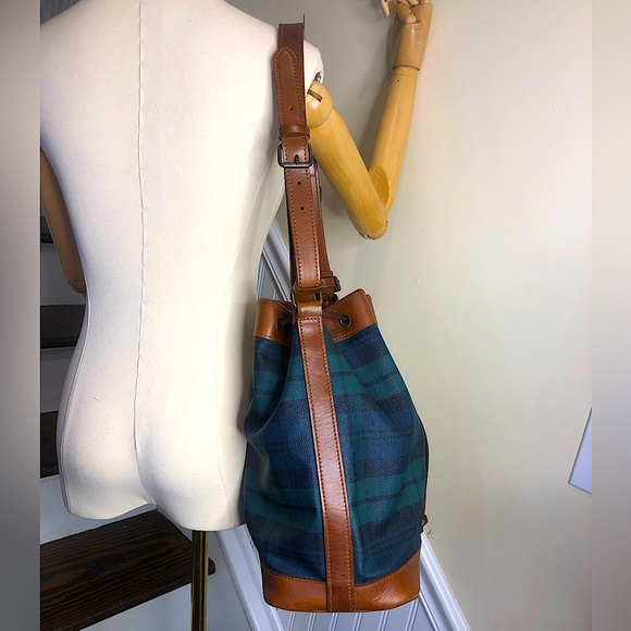 RALPH LAUREN Black Watch Plaid LRG Leather Canvas Drawstring Bucket Shoulder Bag - Picture 5 of 17
